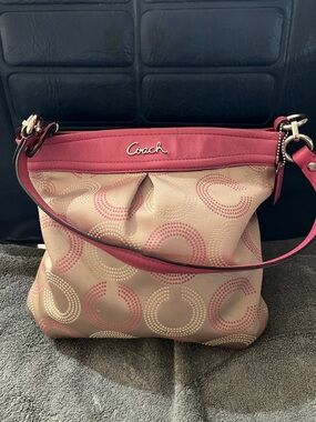 Coach Pink & Beige Signature Shoulder Bag with Top Trim